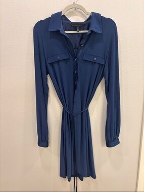 White House Black Market Blue Shirt Dress | Belted Waist | Long Sleeve | Size L